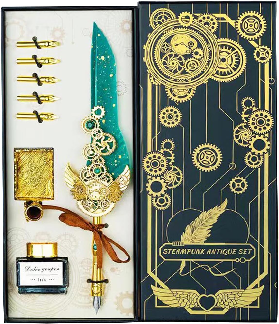 Vintage Quill Feather Pen and Ink Set