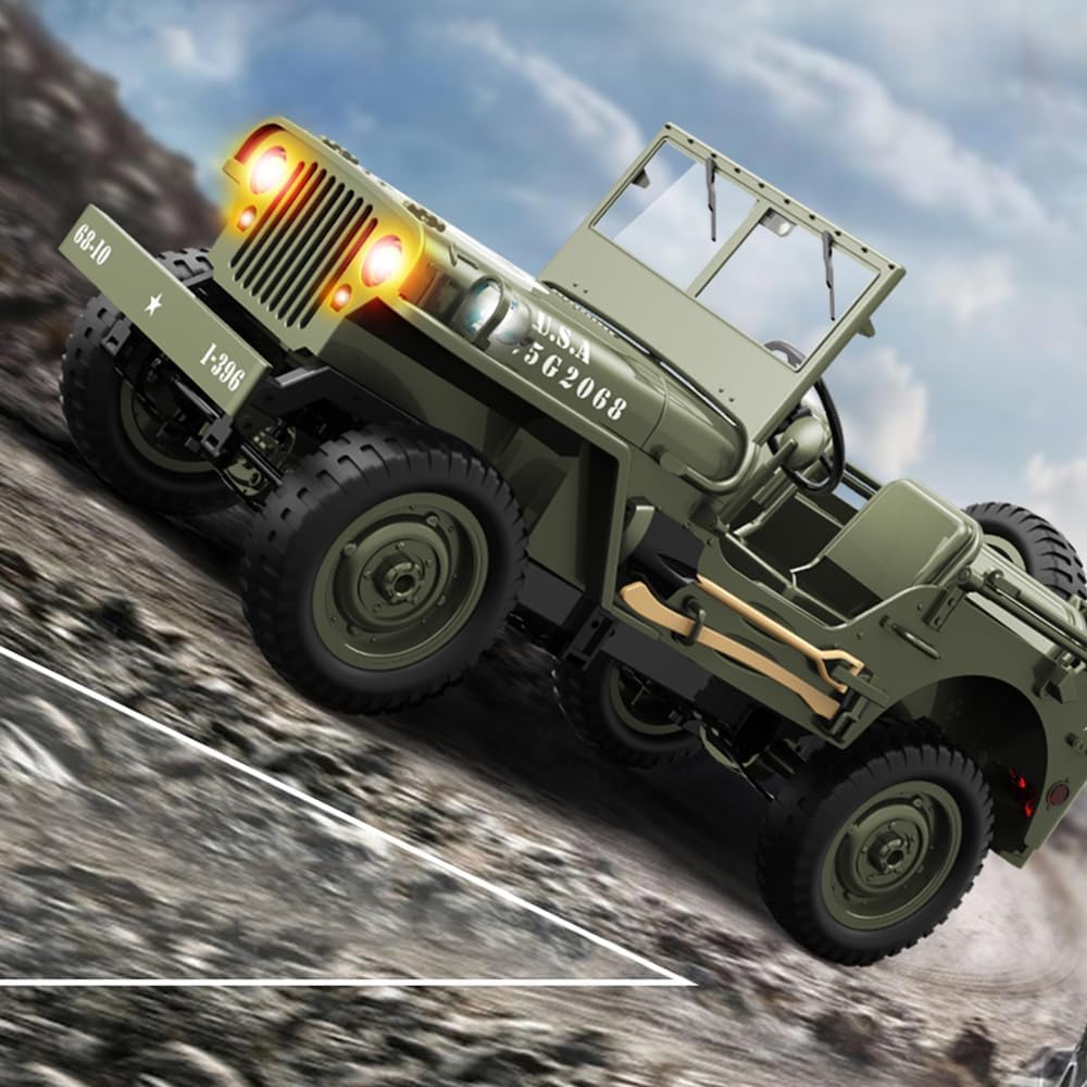 1:12 Remote Control Willys Military Car, 2.4GHz 4WD Off Road RC Rock Crawler with Rechargeable Battery, LED Lights, All Terrain Remote Control Car