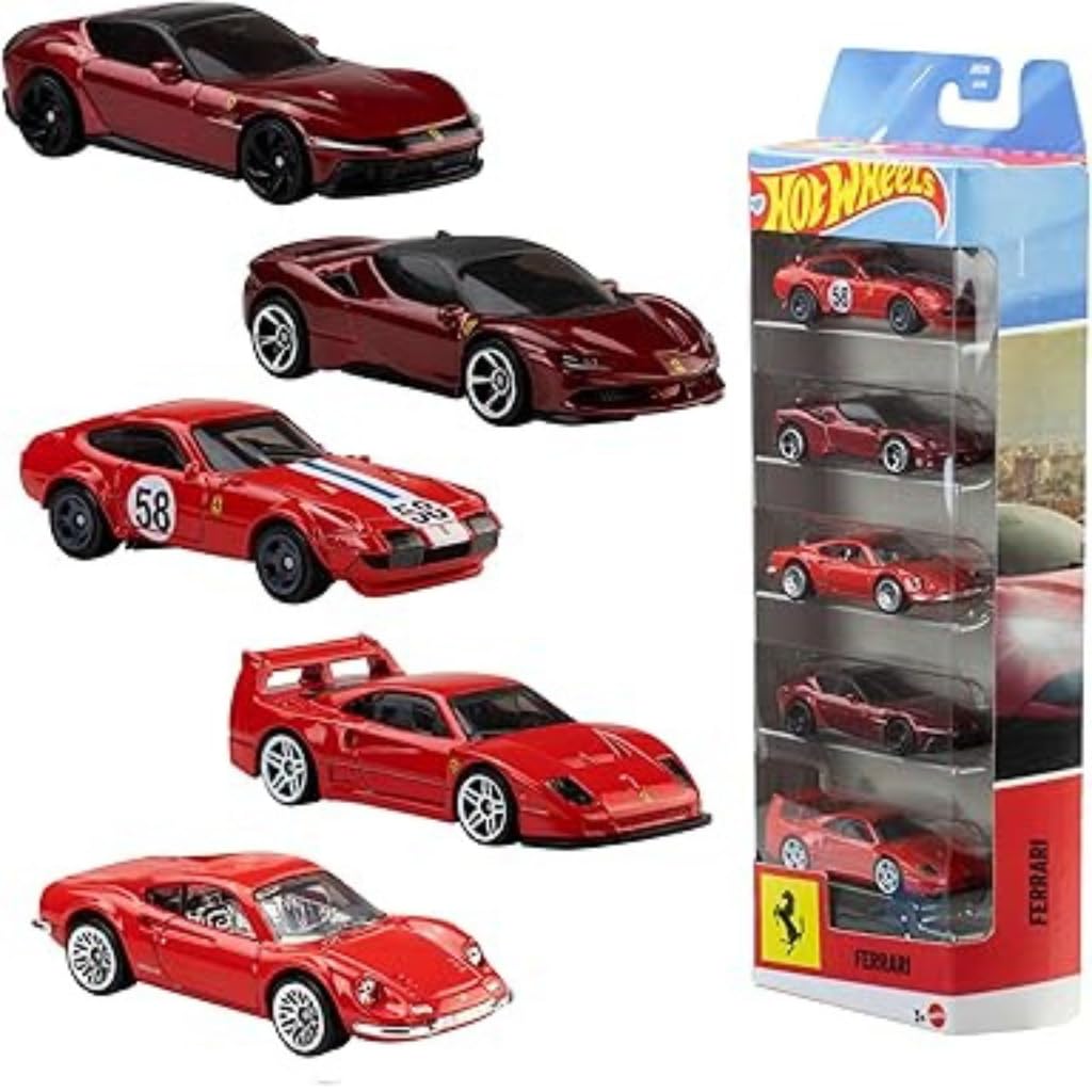 Hot Wheels Car 2026 Ferrari Pack of 5 (Dino 206 GT, SF90 Stradale, 365 GTB4 C, Money Gram Haas, 12 Cilindri F40 Competizione)