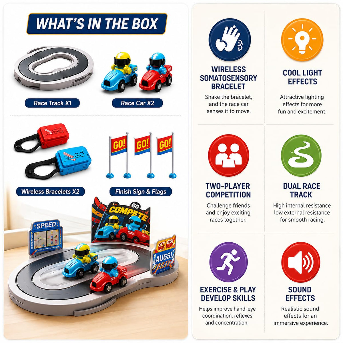 Interactive Induction Running Race Game Toy | 2 Player Wireless Motion Sensor Racing Track with Gesture Control Wristbands, Rechargeable Battle Board Game
