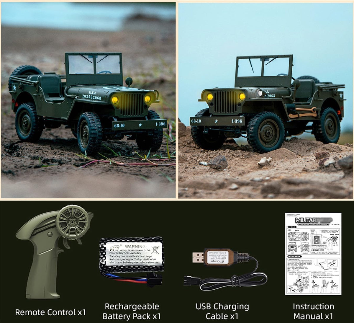 1:12 Remote Control Willys Military Car, 2.4GHz 4WD Off Road RC Rock Crawler with Rechargeable Battery, LED Lights, All Terrain Remote Control Car