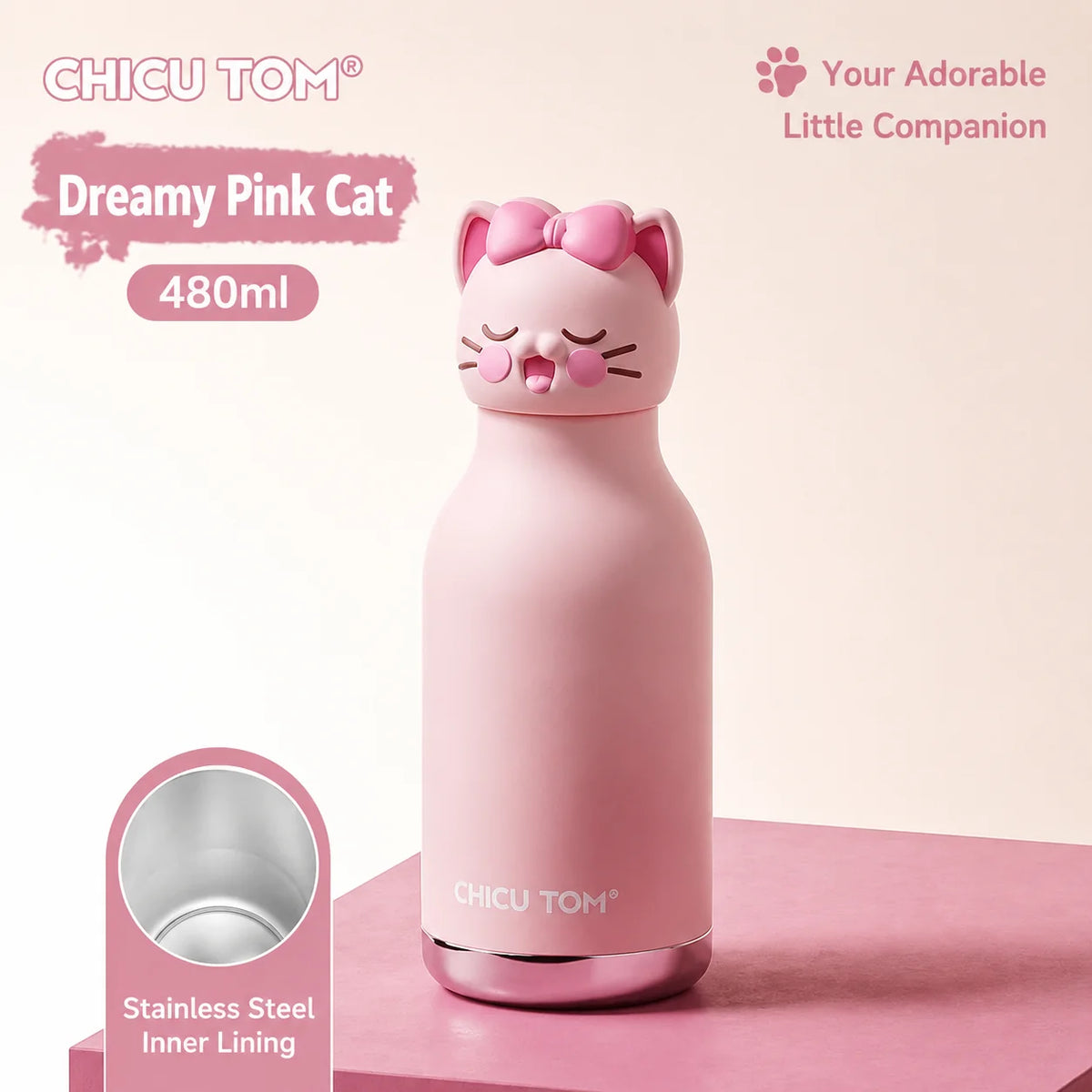 Chicu Tom Dreamy Pink Cat kawaii insulated water bottle 480ml