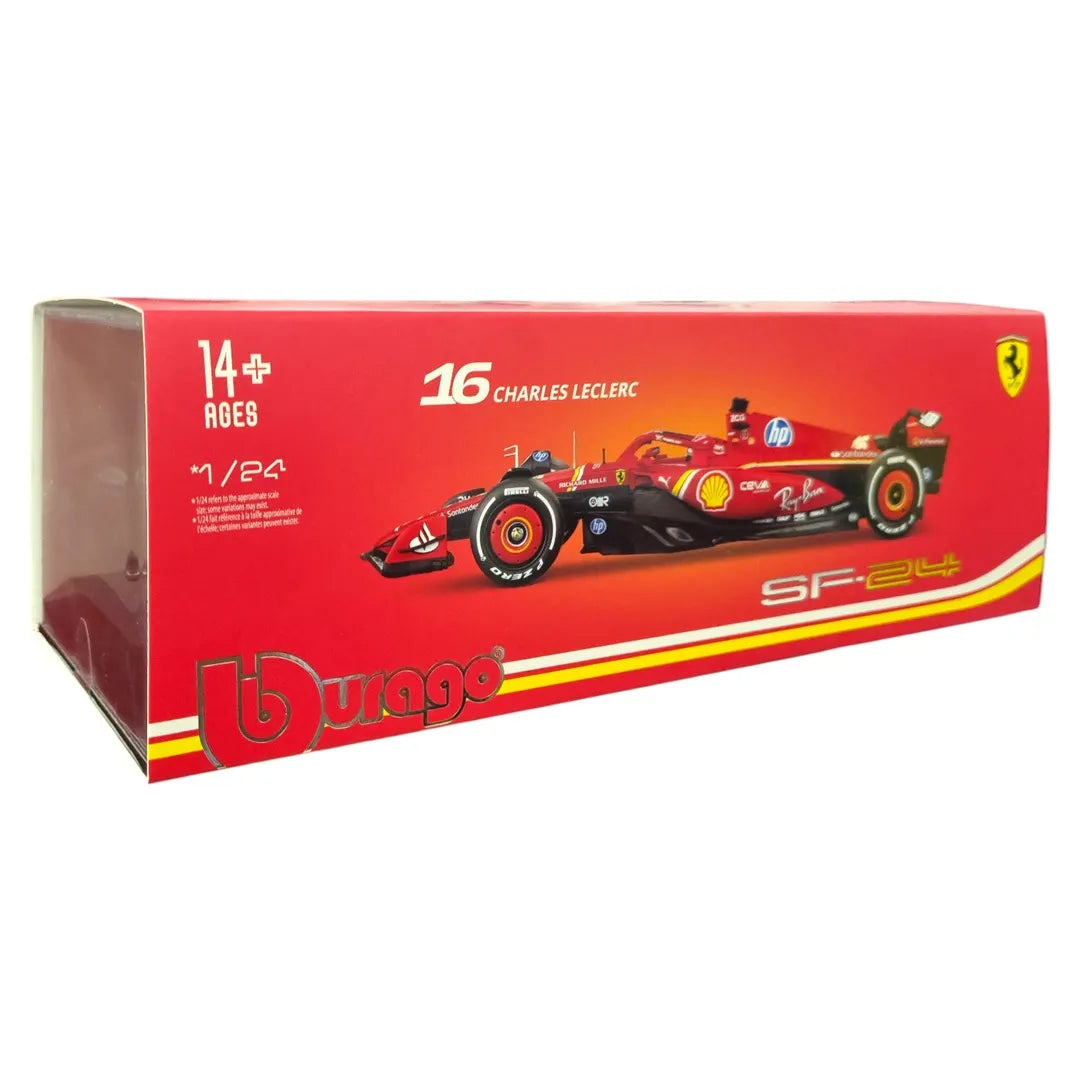 Bburago 2024 Ferrari SF-24 #16 Charles Leclerc with Driver (Plex Case) – 1:24 Scale Die-Cast Model