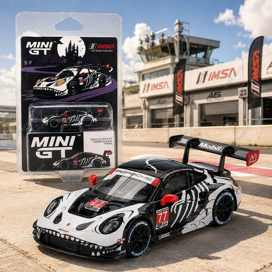 Mini GT Porsche 911 GT3 R #77 AO Racing 2025 IMSA Petit Le Mans Skeleton Rexy Blister Packaging MGT01143-BL 1/64 Diecast